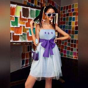 Women/Girl Print Mesh Flare Hem Belted Slip Dress Baby Blue